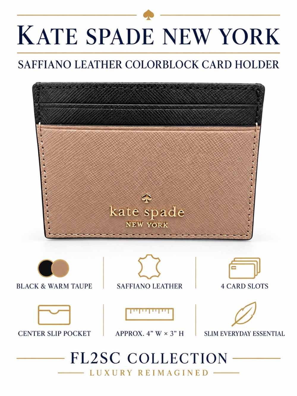 kate spade Black & Warm Taupe Colorblock Saffiano Card Holder